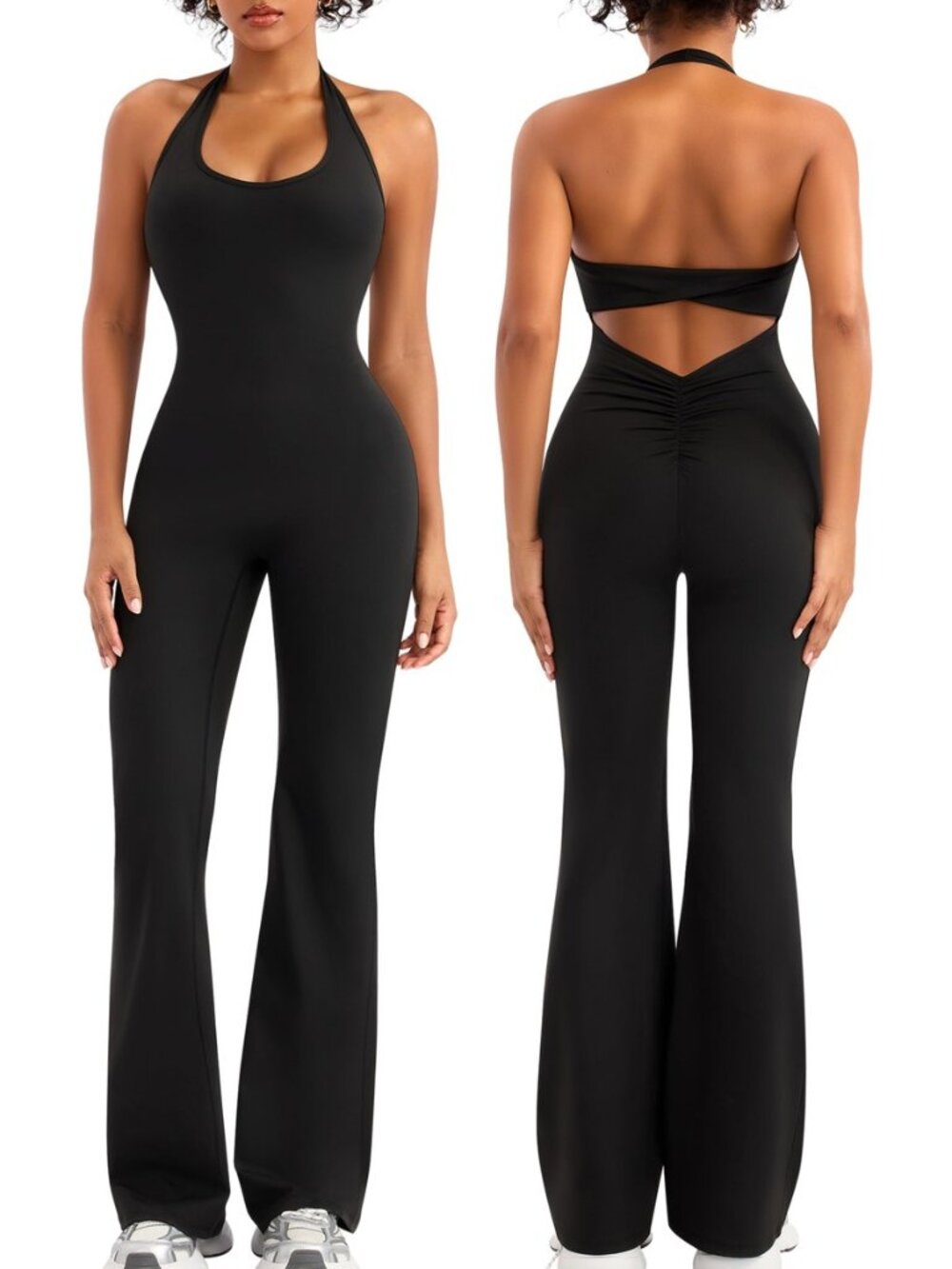 Womens Flare Jumpsuits One Piece Halter Butt Scrunch Workout Romper